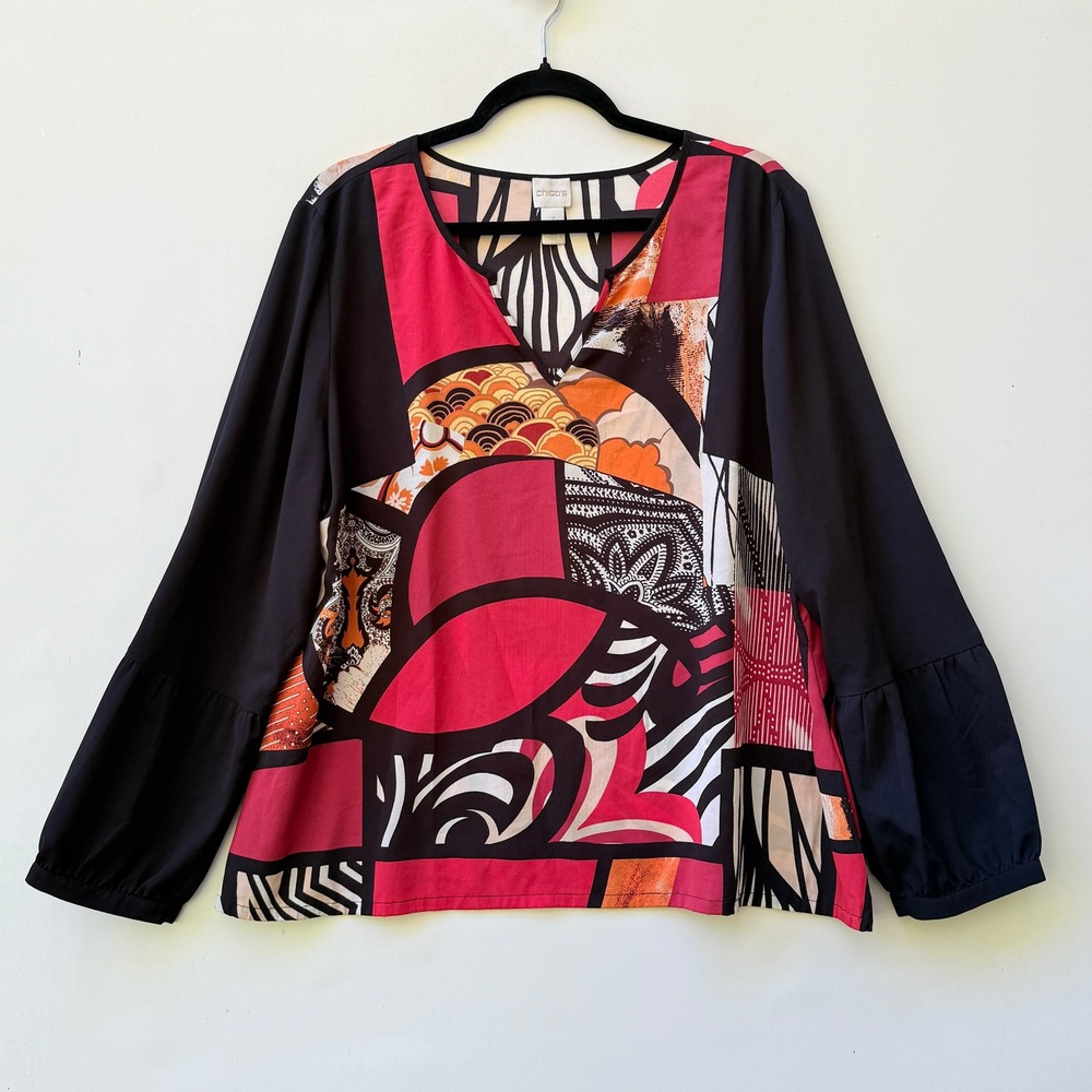 Chico's Top Women 3 XL Artsy Patchwork‎ Avant Garde Mod Sheer Blouse Shirt Boho